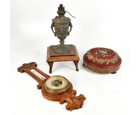 A Victorian walnut framed dome top footstool with beaded top, diameter 27cm, together with an early 20th century oak framed a