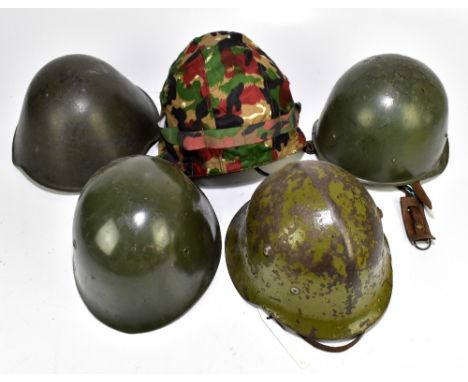 Five military helmets comprising Bulgarian Army M36 B1, Hungarian Army example, Bulgarian Army M51-72, East German Army M561 