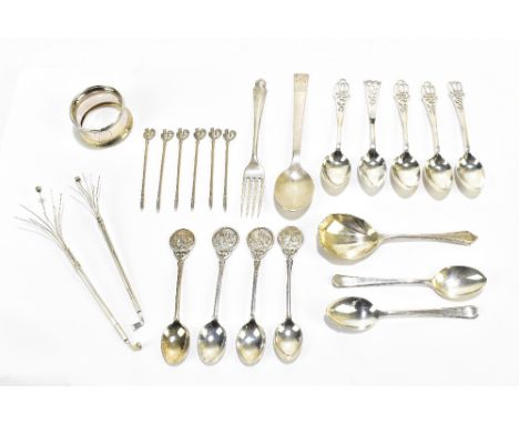 A group of hallmarked silver flatware including a pair of cocktail stirrers by Deakin &amp; Francis, approx 7.66ozt/238g.Addi