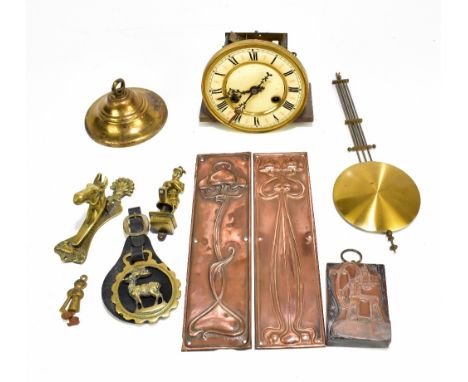 A Vienna clock dial and movement, complete with pendulum and key, together with assorted metalware to include two Arts &amp; 