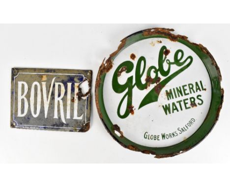 BOVRIL; an advertising enamel sign, 15 x 20cm, together with an advertising enamel tray for Globe Mineral Water, width 31cm (