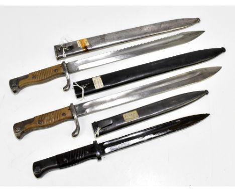 Three German bayonets comprising KAR 98 1916, KAR 98 1917 and Third Reich Mauser MOD 98, all with scabbards (3).Additional In