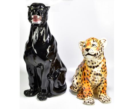 A large contemporary&nbsp;ceramic model of a black panther,&nbsp;height 80cm, and a similar leopard,&nbsp;height 55cm (2).Add