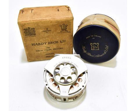 HARDY; an alloy 3 5/8" 'Angel' fly reel numbered A10180, in near mint condition with soft case and original card box with sma