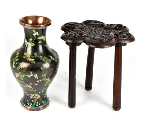 A large contemporary Chinese cloisonné vase, height 37cm, together with a Chinese hardwood stool decorated with four-claw dra