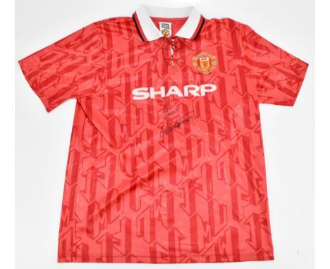 ERIC CANTONA; a signed Score Draw Official Retro Manchester United 1992-94 home shirt with Sharp logo, size XL.Additional Inf