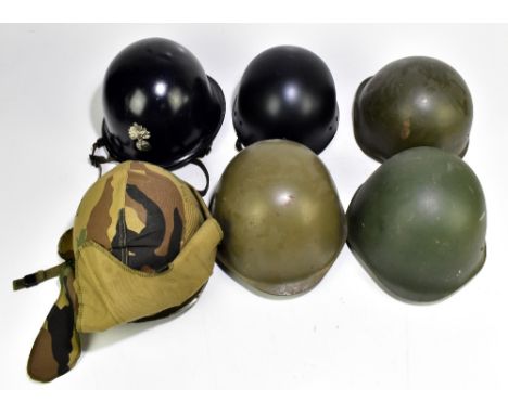 Six military and public service helmets comprising a khaki example with camouflage cover, Hungarian Mk 50, Hungarian Army M90