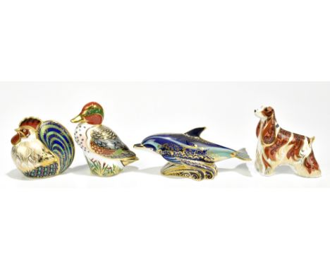 ROYAL CROWN DERBY; four animal paperweights to include 'Paplin Line Bay Dolphin' no.257/1500, complete with certificate, 'Far