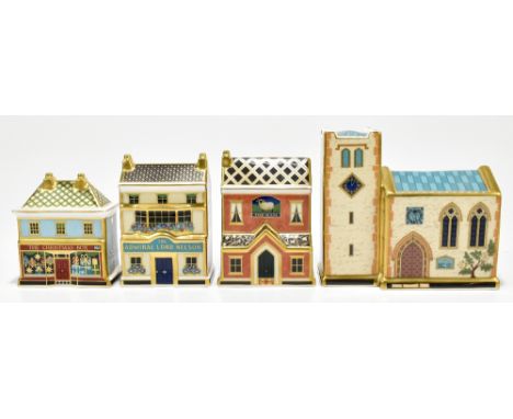ROYAL CROWN DERBY; four paperweights to include 'Church', 'The Ram Public House', 'The Admiral Lord Nelson', complete with ce