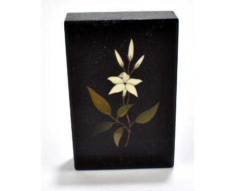 A Derbyshire slate paperweight of&nbsp;rectangular form with pietra dura detail, 10.5 x 7cm.Additional InformationMinor chipp