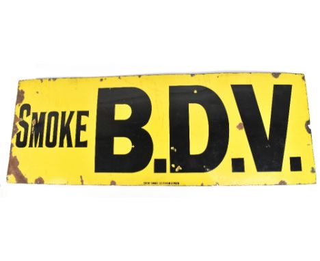 A large vintage enamelled sign 'Smoke B.D.V.' in black lettering on a yellow ground and inscribed 'Patent Enamel Co, Ltd, B'h