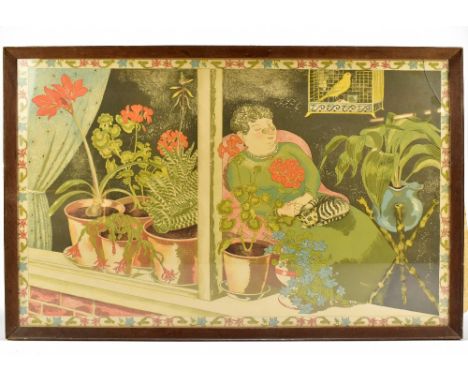 AFTER JOHN NASH; a coloured lithograph, female figure sleeping with cat on her lap, 50 x 75.5cm, framed and glazed.Additional
