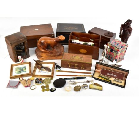 A mixed group of collectors' items including a rosewood and mother of pearl inlaid jewellery box with fitted interior, a lacq