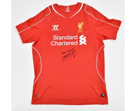 LIVERPOOL FC; a Warrior 2014-15 home shirt signed by Steven Gerrard with further inscription 'Best wishes 8', size M.Addition