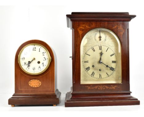 GUSTAV BECKER; an early 20th century mahogany cased bracket clock with inlaid decoration surrounding a silvered dial with sub