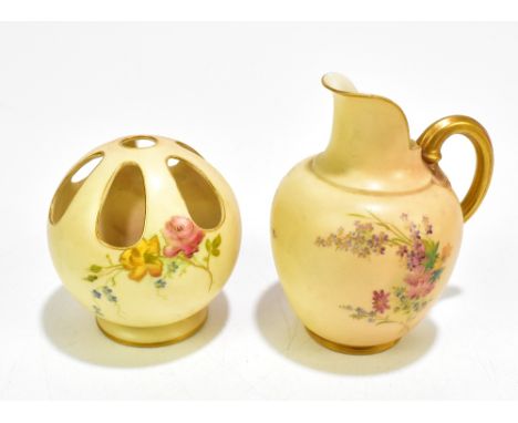 ROYAL WORCESTER; a blush ivory flat back jug decorated with floral sprays, height 11cm, and a similar posy vase (2).Additiona