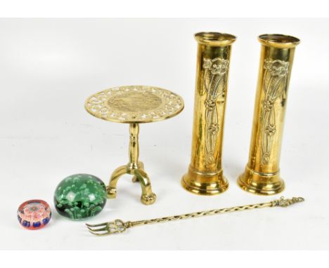 BELDRAY; a pair of Art Nouveau brass cylindrical vases, height 33cm, a miniature tripod table, and two paperweights including