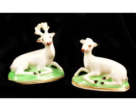 CHAMBERLAIN'S WORCESTER; a late 18th/early 19th century porcelain stag and doe pair with gilt and enamelled detail on oval ba