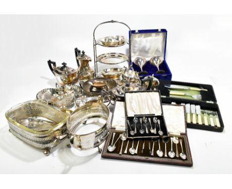 A selection of assorted silver plate including a three tier cake stand, various flatware, condiment set, etc.Additional Infor