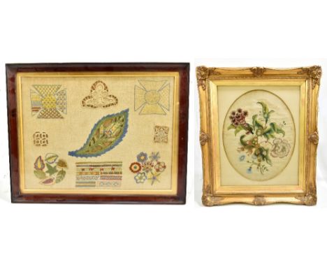 A 19th century tapestry on silk panel depicting floral sprays, set within later ornate gilt frame, 35 x 28cm, together with a