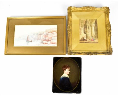 ATTRIBUTED TO SAM PROUT; watercolour, ‘Chartres Cathedral’, unsigned, 18 x 13.5cm, together with a 19th century oil on board 