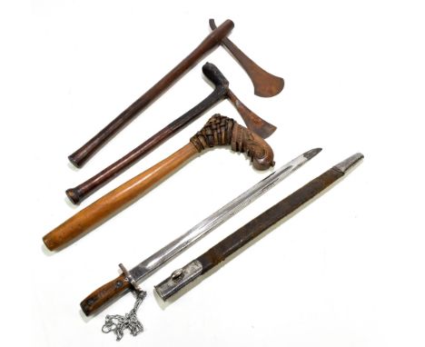 A WILKINGTON; a 1907 Pattern bayonet, fitted in scabbard,&nbsp;length 53.5cm, also a three African short axes (one lacking bl