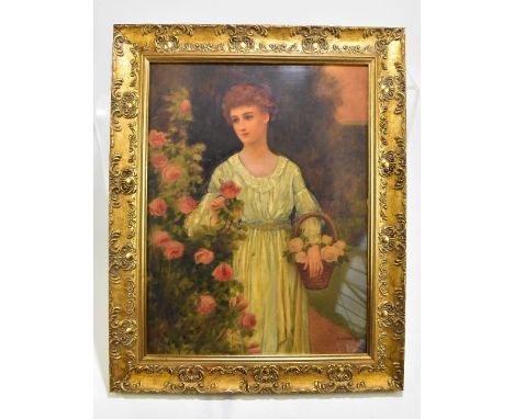 HERBERT BLANDE SPARKS (1870-1916); watercolour, 'In the Garden', study of a lady carrying a basket of white roses, signed low