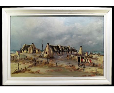 ERIC KAYE; oil on board, coastal landscape with dwellings, signed and dated '76, 60 x 90cm, framed.Additional InformationSome