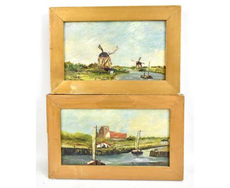 J. VAN DEN BERG; a pair of small oils on card, 'On the Canal' and 'Summer Day', both signed and inscribed verso, 8.5 x 15.5cm