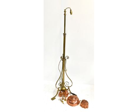 An early 20th century brass telescopic standard lamp, height 170cm, and assorted metalware including copper jelly mould with 
