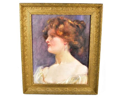 UNATTRIBUTED; oil on board, portrait of a lady wearing pearl earrings, apparently unsigned, 48 x 38.5cm, framed.Additional In