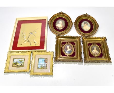 A group of decorative pictures including two pairs of modern oval portrait miniatures, a small pair of oil landscapes and a J