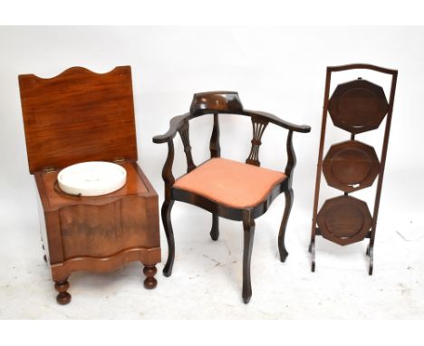 An Edwardian stained beech corner chair, a mahogany three tier folding cake stand and a Victorian commode complete with match