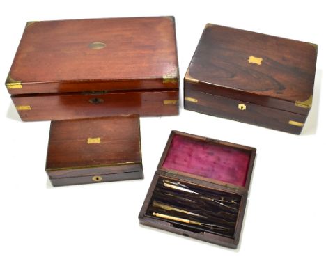 A Victorian mahogany brass bound writing slope with purple velvet writing surface and single glass inkwell (lacking top), wid