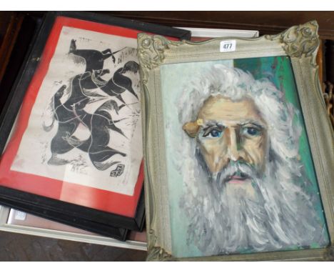 An oil portrait and four other assorted pictures 