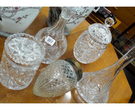 Two cut glass decanters, two biscuit barrels and a light fitting 