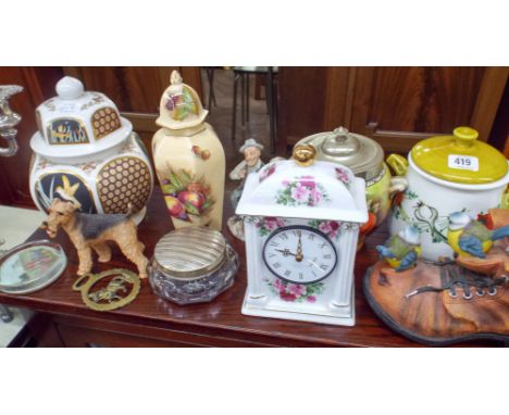 Mantle clock, plates, biscuit barrels, cheese dish and ornamental items 