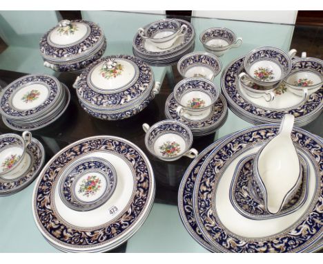 Wedgwood bone china Florentine blue bordered floral decorated dinner service      In generally good condition, there is a han