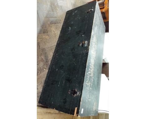 A large black painted pine box or trunk 4' wide 