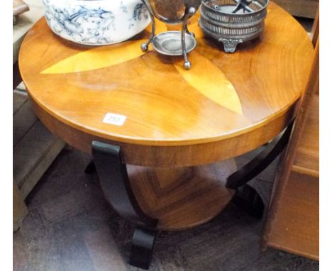 A circular Art Deco style walnut and satin wood inlaid two tier coffee table 