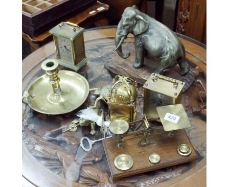 Two carriage clocks, lantern clock, postal scales, elephant ornament, candlestick etc 