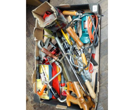 A large box hand tools, jigsaw, bottle jack etc 