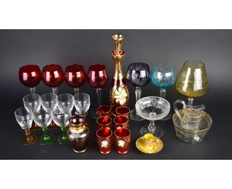 A Collection of Various Coloured Glass to Include Ruby Glass Decanter and Tot Set, Hock Glasses, Late 19th/Early 20th Century