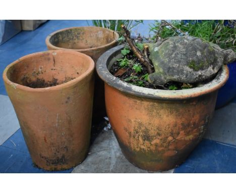 A Pair of Terracotta Circular Planters and a Stoneware Planter together with a Tortoise Ornament