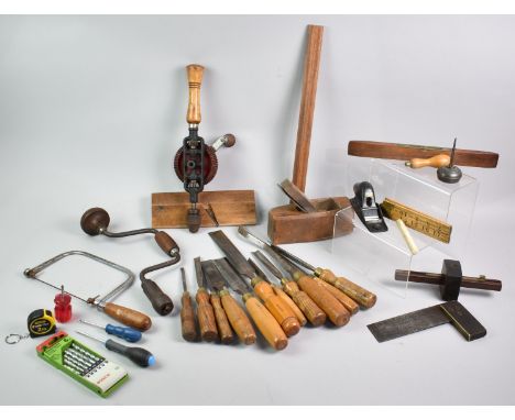 A Collection of Vintage Woodworking Tools, Drill Bits, Chisels, Moulding Planes Etc