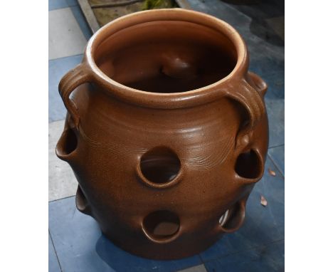 A Modern Salt Glazed Three Handled Strawberry Planter, 45cms High