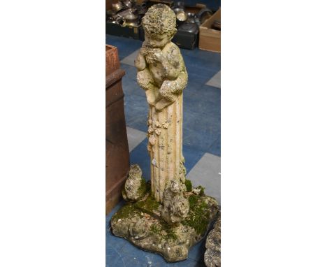 A Reconstituted Stone Garden Ornament Depicting Seated Faun Playing Pipes on Reeded Column, Watched by Animals, 86cms High