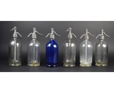 A Collection of Six Vintage Soda Syphons, One in Blue Glass, Others Engraved for Blane and Co Stourbridge