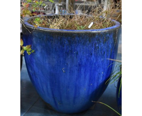 A Blue Glazed Stoneware Circular Patio Planter, 45cms Diameter