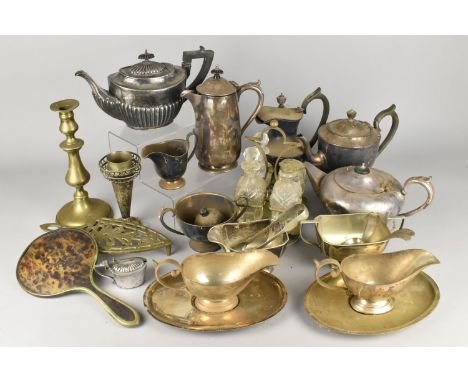 A Collection of Various Metalwares to Comprise Silver Plated Teawares, Brass Trivet, Candlestick, Dressing Table Mirror etc (